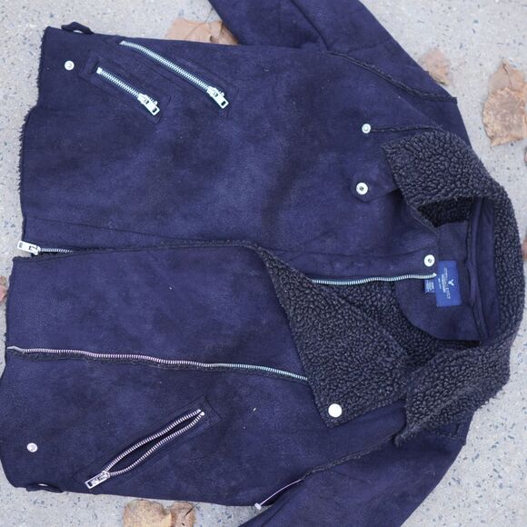 AE Faux Suede Moto Jacket Black Sherpa Lined Women's M Zip Up Winter - Picture 6 of 15